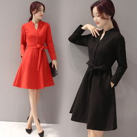 秋装新款韩版v领针织衫修身显瘦女装中长款套头打底衫长袖连衣裙