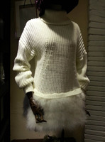 韩版 粗毛线棒织高领套头中长宽松直筒款拼接鸵鸟毛真毛女装毛衣