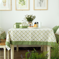 原创高档刺绣绿色田园桌布格子北欧台布茶几餐桌布美式乡村桌布