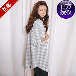 东大门女装2016秋季新款韩版简约风格子衬衫棉麻中长款九分袖外套