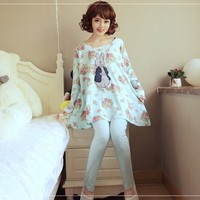 春秋季睡衣女士纯棉长袖套头夏款少女韩版卡通可爱圆领家居服套装