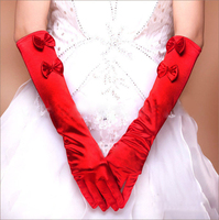 夜店演出舞台表演晚礼服情趣手套长款绸缎蝴蝶结红色光面婚纱手套