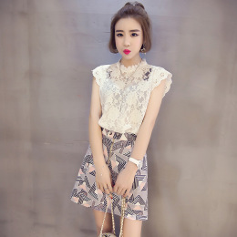 2016夏季新款韩版女装圆领无袖镂空勾花蕾丝衫打底衫上衣女T524
