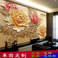 大型壁画花开富贵牡丹浮雕背景墙壁纸中式电视客厅沙发墙纸3d立体