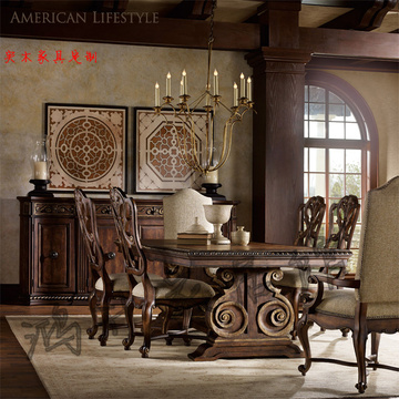 新品餐桌椅组合美式餐厅做旧雕花实木长餐桌餐椅欧式古典餐台特价