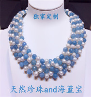 天然珍珠配海蓝宝石短款项链 欧美时尚独家设计款项链 送礼绝