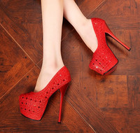2015新款超高跟鞋礼服细跟大红色性感单鞋显瘦婚鞋新娘鞋15公分CM