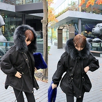 韩国2015冬装新款毛领保暖加厚抽绳黑色连帽宽松时尚工装棉服外套