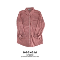 【HGGNG.M】包邮 韩版立领衬衫女宽松长袖上衣韩范红白竖条纹衬衣