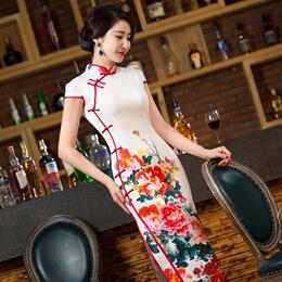 时尚春秋新款丝绒短袖长款旗袍中国风白底红边印花连衣裙