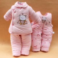婴儿棉衣套装加厚0-1岁新生儿棉服背带裤三件套男女宝宝冬装纯棉