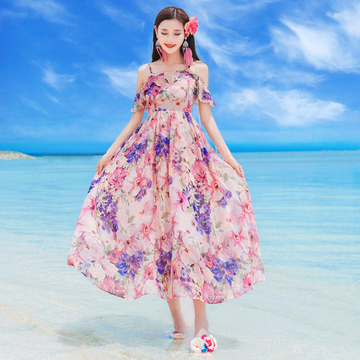 2017夏季新品女装吊带露肩雪纺连衣裙波西米亚长裙海边度假沙滩裙