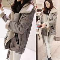 韩国代购2015冬装新品大衣中长款鹿皮绒羊羔毛外套机车皮衣女棉衣