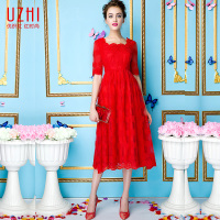 预售 优织欧洲站2015夏季红色长裙子礼服蕾丝绣花连衣裙结婚修身