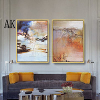 现代抽象油画装饰画家居沙发背景配画客厅二联拼赵无极抽象油画