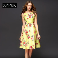 高端定制ZPLPKK 2016夏季新款修身显瘦无袖连衣裙时尚印花女装