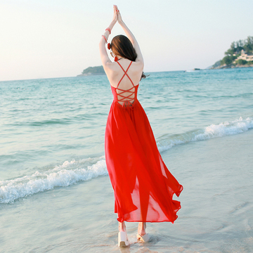 诗路丹夏季新款吊带露背雪纺带连衣裙波西米亚长裙海边度假沙滩裙