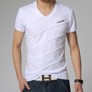 2015夏季男士短袖t恤修身韩版青少年学生男T恤v领印花大码男装潮