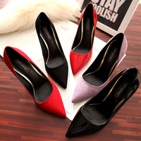 秋季女鞋绒面尖头高跟鞋时尚性感细跟红色职业工作鞋黑色漆皮单鞋