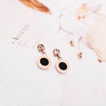 韩版黑色圆形钛钢耳钉女 韩国时尚镀18K玫瑰金气质耳环耳扣耳饰品