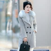 2015冬季新款韩版修身羽绒棉服女中长款毛呢拼接女棉衣羊绒大衣