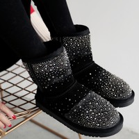 2016冬韩版新款磨砂真皮亮片水钻雪地靴平底平跟低跟短筒靴女靴子