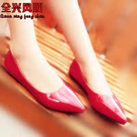 糖果色红色婚礼鞋结婚鞋子大红漆皮平底婚鞋尖头浅口低跟新娘单鞋