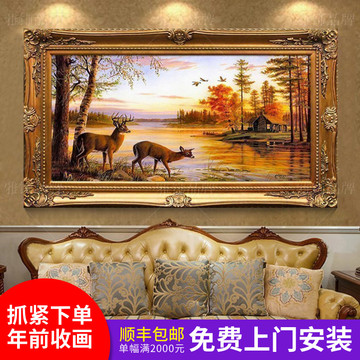 手绘欧式风景油画麋鹿壁画餐厅客厅沙发背景墙装饰画横版风水挂画