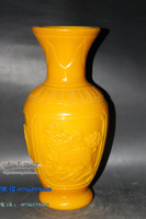 老琉璃花瓶 摆件 四大神兽图 纯手工雕刻老料器鸡油黄花瓶古玩