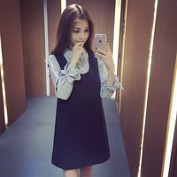 2016年秋季韩版新款女装清新时尚修身长袖衬衫背带连衣裙两件套