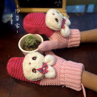 韩版可爱兔子针织毛线手套 加绒加厚保暖挂脖吊线连指手套女秋冬