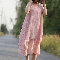夏季女装新款纯色大摆型连衣裙 韩版褶皱麻雪纺拼接气质长裙子 仙