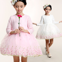女童蓬蓬裙白色粉色纯棉春季花童礼服裙童装长袖连衣裙婚礼公主裙