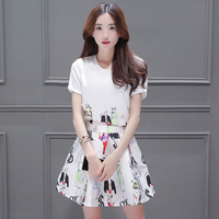 2016夏季新款韩版卡通人物印花时尚短袖修身高腰休闲连衣裙两件套