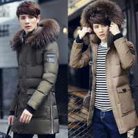 韩国新款冬季羽绒服男中长款貉子毛领加厚修身青年羽绒大衣外套潮