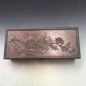 古玩收藏杂项越南草花梨浮雕菊花图盒子影视道具中国古典装饰摆件