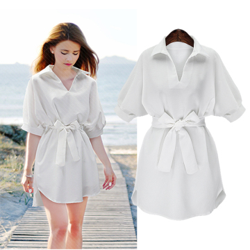 2016夏季新款时尚宽松欧美V领性感收腰大码中袖白色衬衫连衣裙女