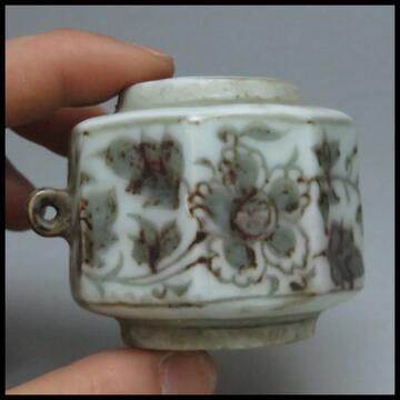 元代釉里红花卉纹八方鸟食罐、老瓷器仿古玩旧货古董陶瓷民间家传