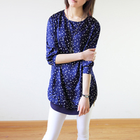 2015夏季新款韩版女装宽松显瘦中长款星星雪纺衬衣仿真丝印花衬衫