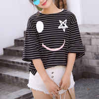 2016夏季新款韩版圆领显瘦卡通笑脸条纹Ｔ恤衫