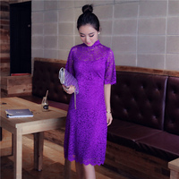 女连衣裙蕾丝紫色2016夏季韩版新款显瘦修身中长款连衣裙中裙女潮