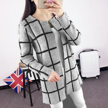 【天天特价】2016新款韩版灰色大格子毛衣修身针织开衫披肩外套女