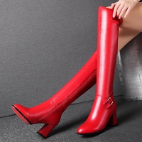 温妮丽都2015冬季新款真皮过膝靴女皮带扣长筒靴名媛红色粗跟长靴