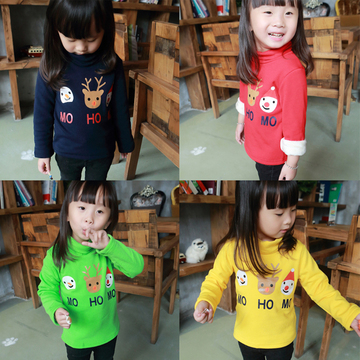 2015冬季新品韩版童装糖果色加绒字母打底衫女童T恤