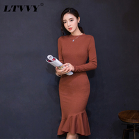 LTVVY2016春装新款鱼尾荷叶边时尚长袖连衣裙韩版修身显瘦包臀长