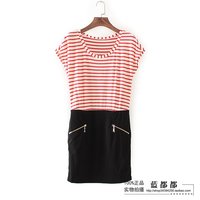 2015夏款三采品牌折扣正品女装红色条纹休闲简约短袖连衣裙 7355