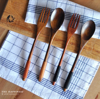 MUJI风格 日式原木长柄缠线勺叉 实木餐具叉子勺子 日式餐具