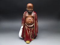 石湾窑早期刘传制石榴红釉布袋佛人物陶瓷雕塑摆件