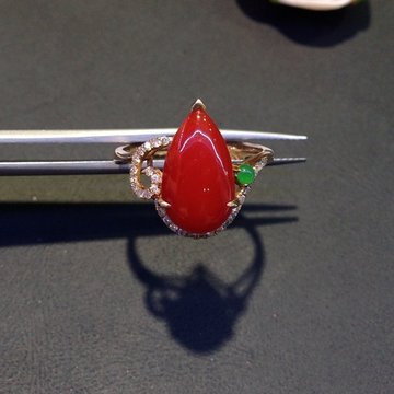 格瑞美珠宝0.532克水滴形有机红宝石钻石戒指18K玫瑰金配钻石镶嵌