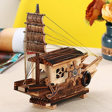 创意工艺品木船摆件家居客厅装饰复古做旧一帆风顺帆船音乐盒礼物